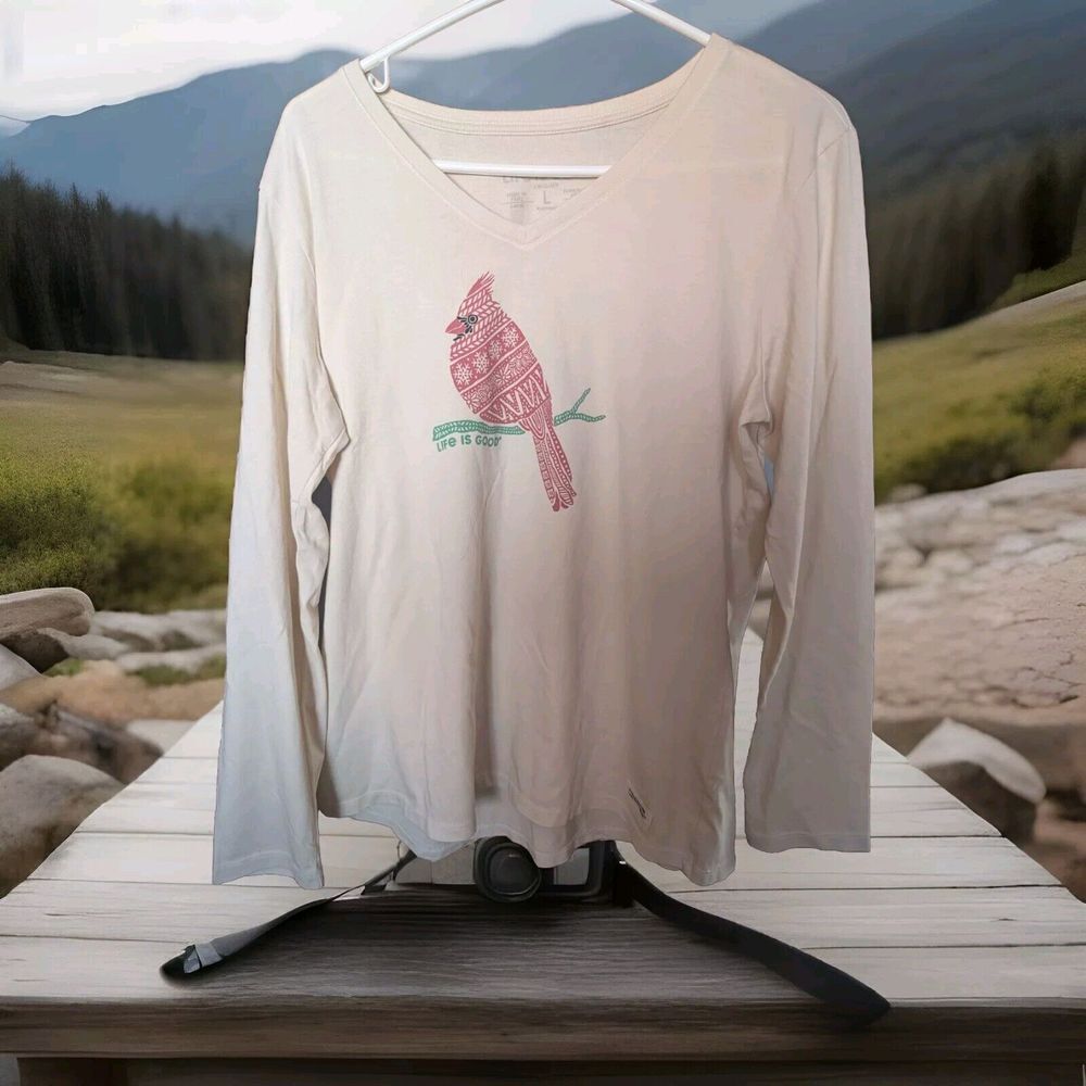 Life is Good. Women's Tribal Cardinal LS Crusher Tee, Putty White Size Lg